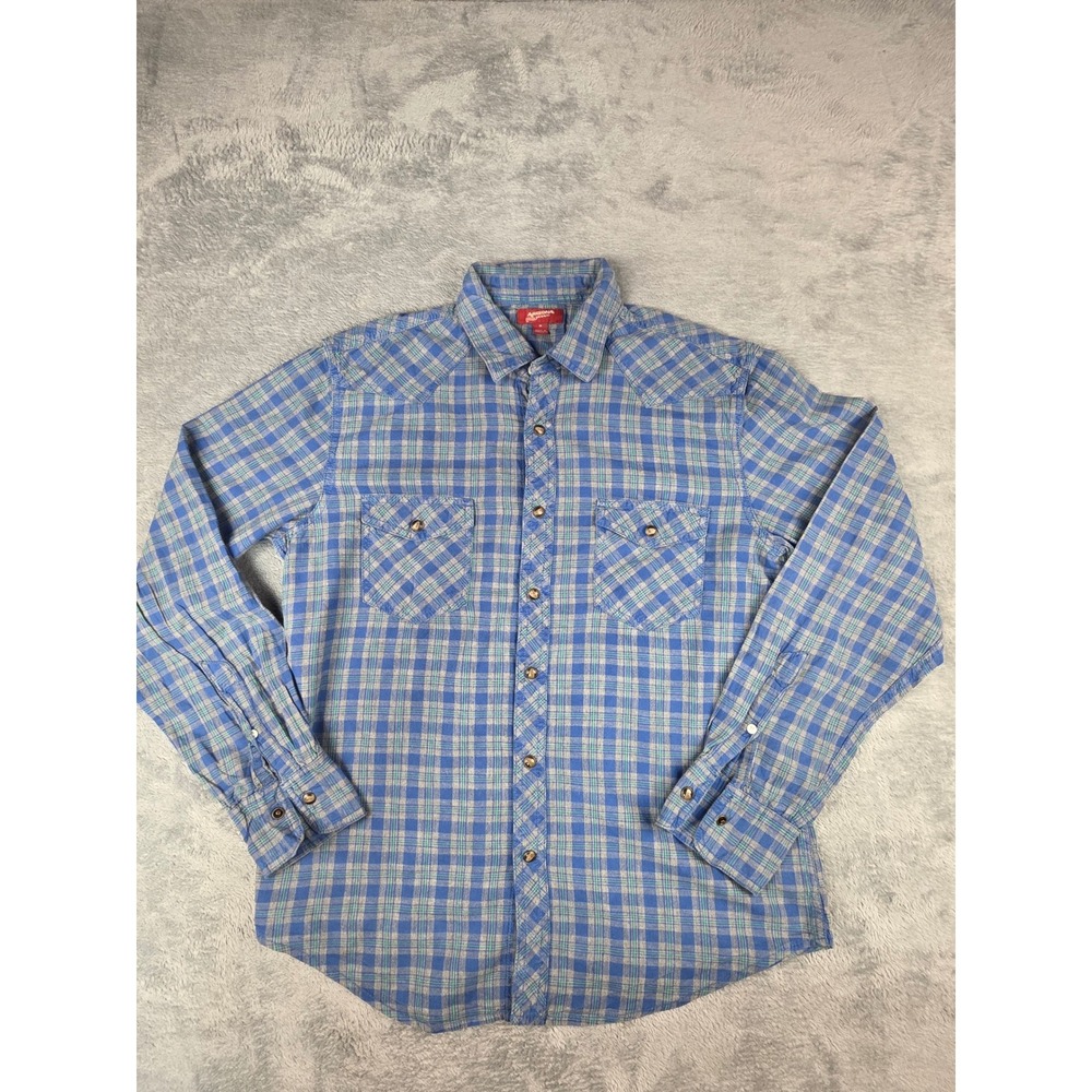 Arizona Jean Co Blue Plaid Western Pearl Snap Button Down Shirt Mens Medium